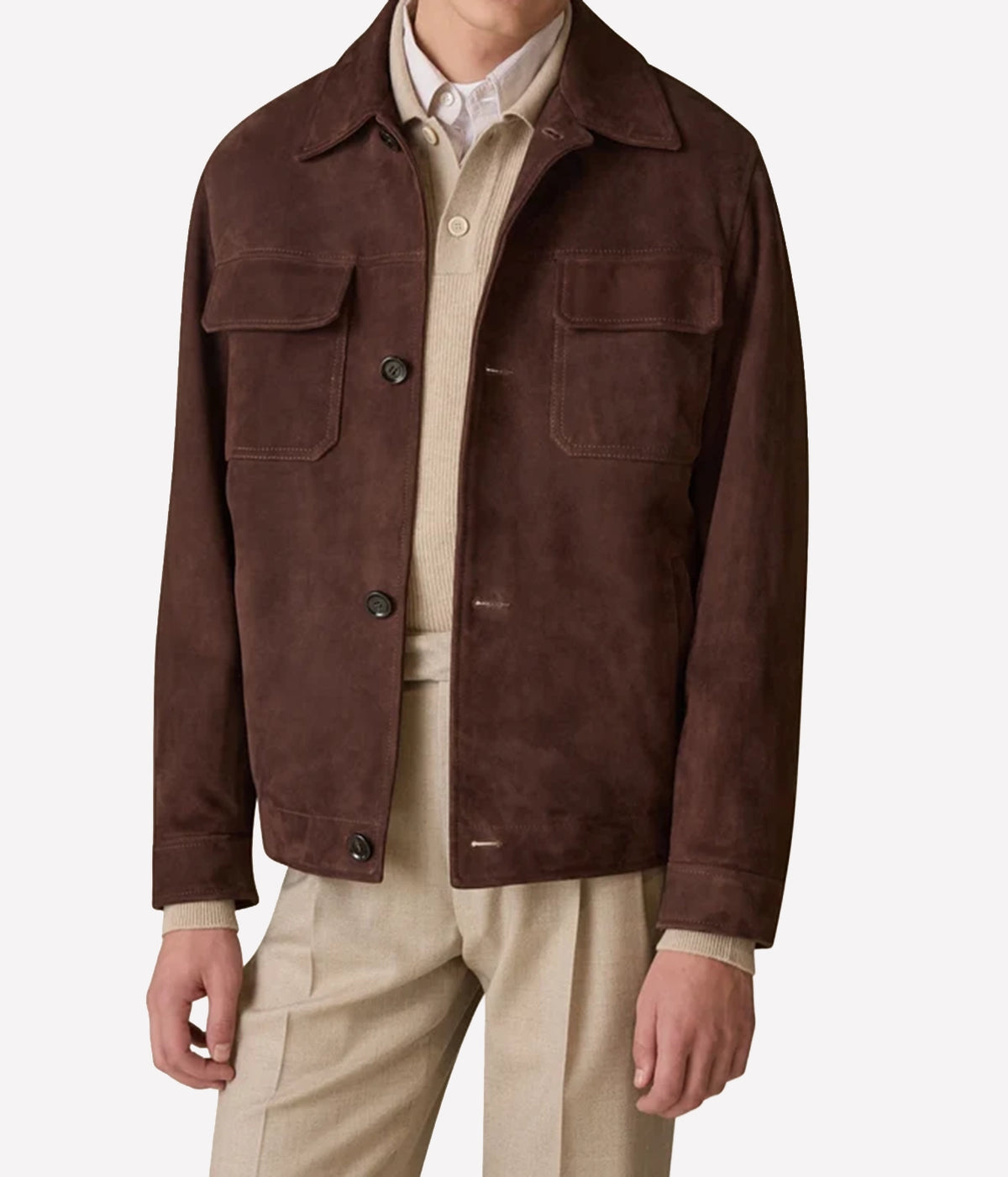 Man wearing Lardini Suede Jacket in Brown with a cream knit and beige trousers, front view