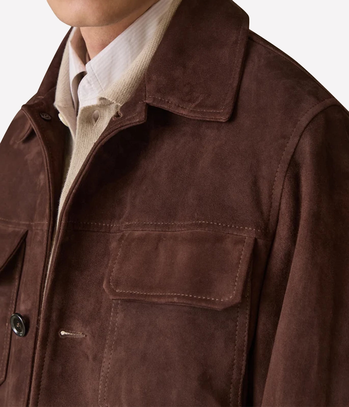 Close-up of Lardini Suede Jacket in Brown on model showing the collar and flap chest pocket