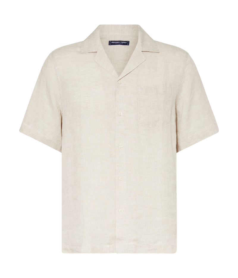 Ghost mannequin image of the Frescobol Carioca Angelo Linen Shirt, showcasing the front camp collar, short sleeves, and lightweight Italian linen construction.