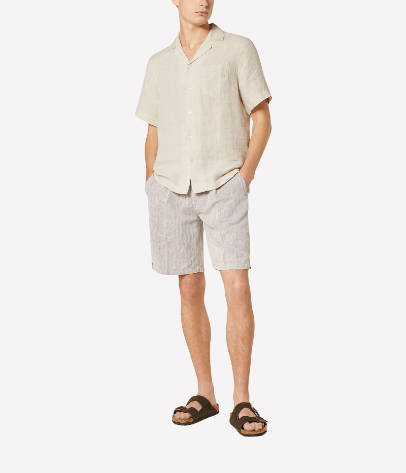 Frescobol Carioca Angelo Short Sleeve Linen Shirt in lightweight Italian linen, featuring a relaxed fit, camp collar, and chest pocket, perfect for summer style.