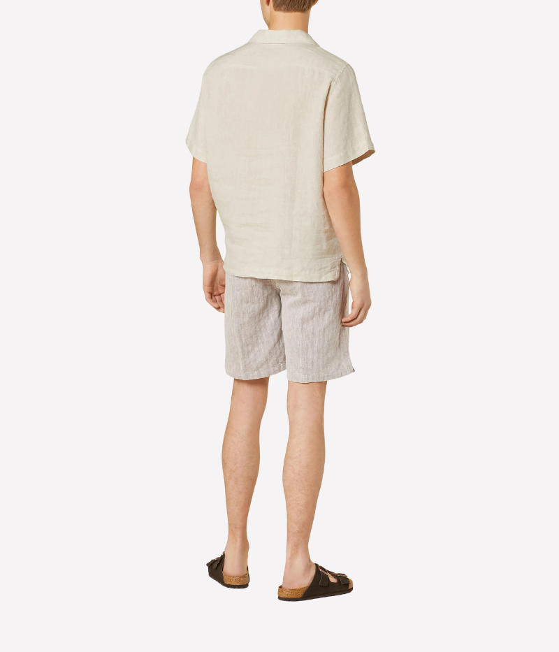 Back view of the Frescobol Carioca Angelo Linen Shirt in breathable Italian linen with a straight hem and relaxed fit, designed for effortless summer wear.