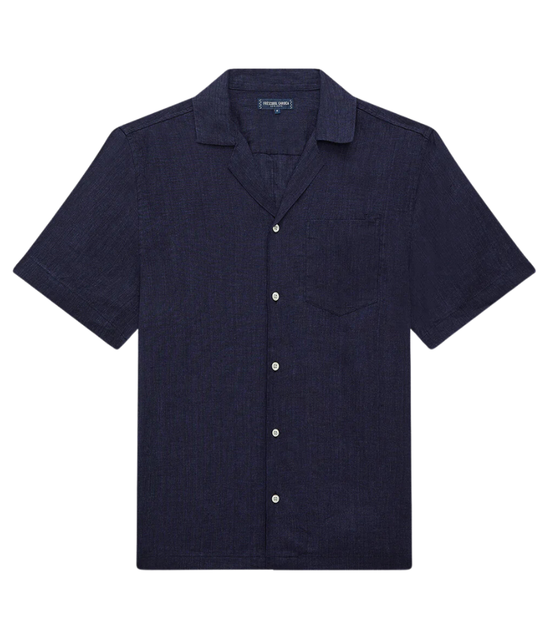 Angelo Shirt with fine Italian linen, with short sleeves, classic camp collar, and chest pocket. A relaxed yet sophisticated summer shirt perfect for smart-casual occasions.