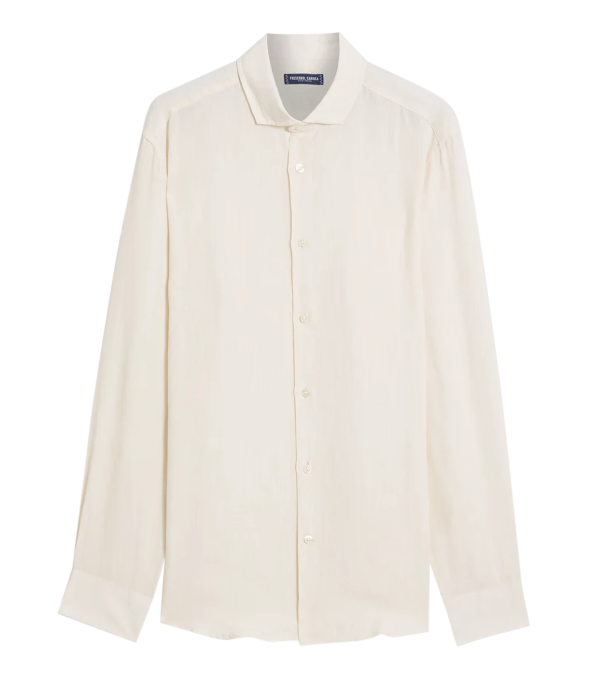 Ghost shot of the Antonio Long Sleeve Linen Shirt by Frescobol Carioca, floating to emphasize its structured dress collar with stiffeners, imitation mother of pearl buttons, and full placket. The lightweight Italian linen construction ensures breathable comfort and elevated style for versatile occasion dressing.