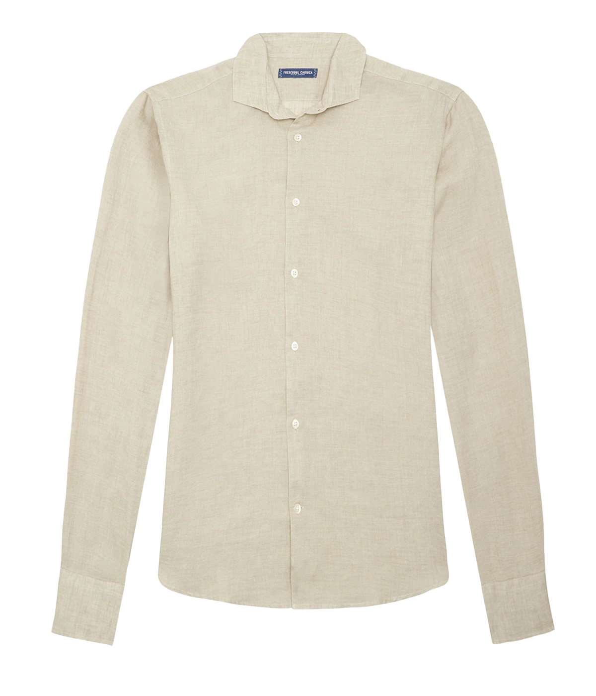 Ghost shot of the Antonio Long Sleeve Linen Shirt by Frescobol Carioca, floating to emphasize its structured dress collar with stiffeners, imitation mother of pearl buttons, and full placket. The lightweight Italian linen construction ensures breathable comfort and elevated style for versatile occasion dressing