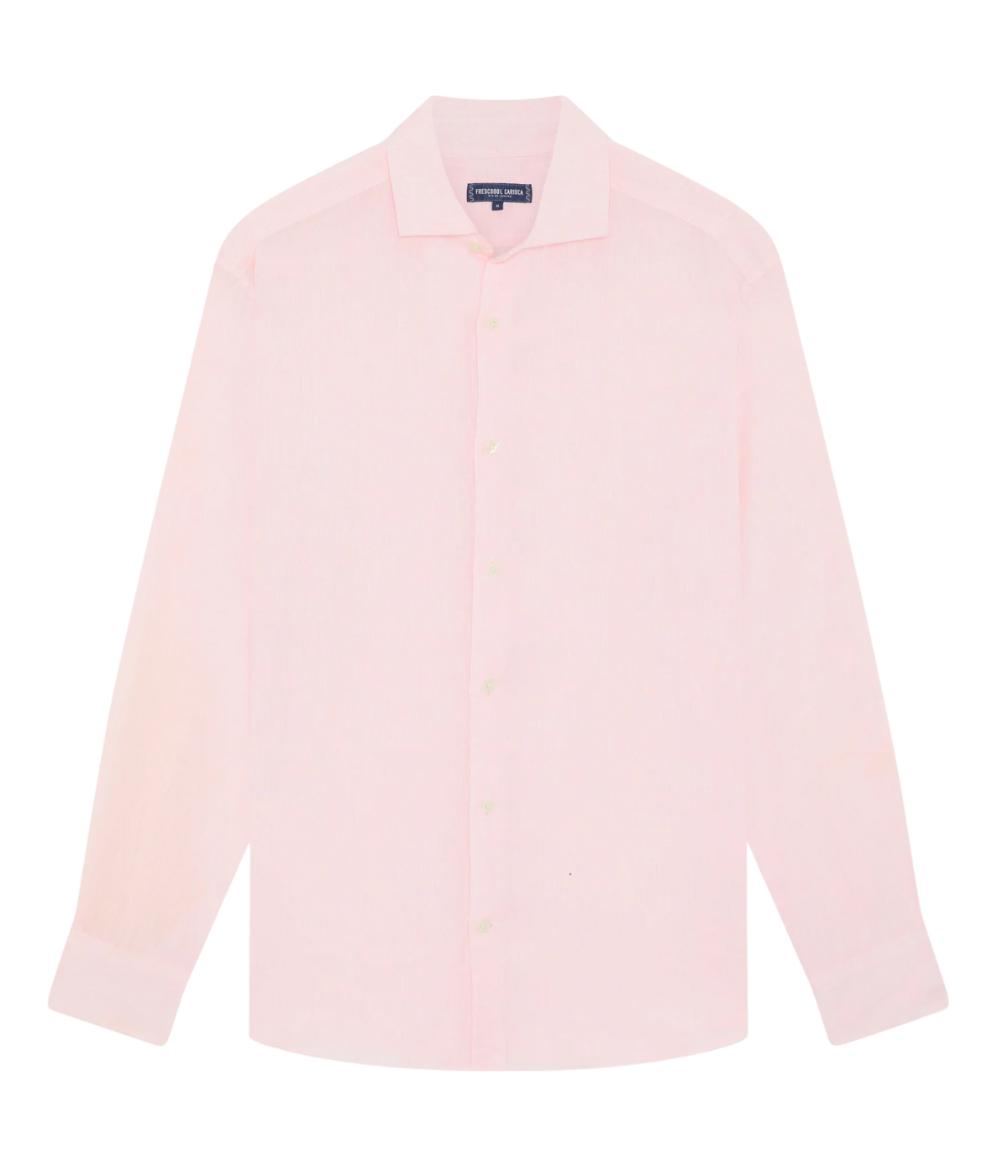 Ghost shot of the Antonio Long Sleeve Linen Shirt by Frescobol Carioca, floating to emphasize its structured dress collar with stiffeners, imitation mother of pearl buttons, and full placket. The lightweight Italian linen construction ensures breathable comfort and elevated style for versatile occasion dressing.