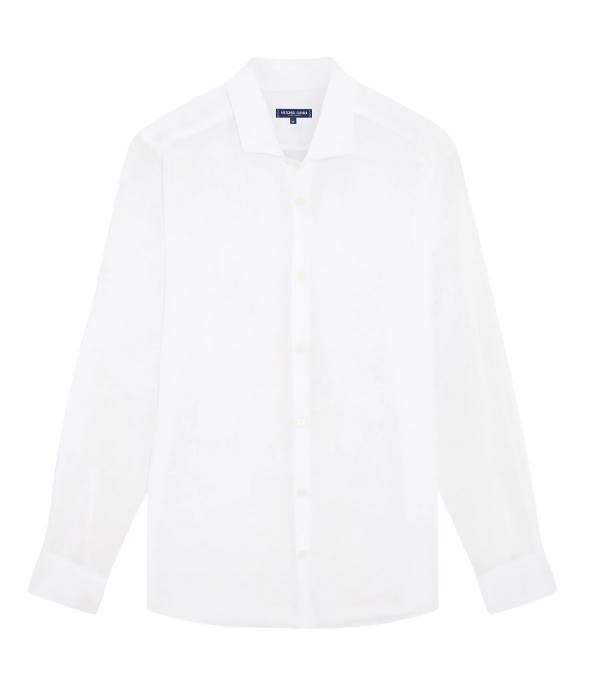 Ghost shot of the Antonio Long Sleeve Linen Shirt by Frescobol Carioca, floating to emphasize its structured dress collar with stiffeners, imitation mother of pearl buttons, and full placket. The lightweight Italian linen construction ensures breathable comfort and elevated style for versatile occasion dressing.