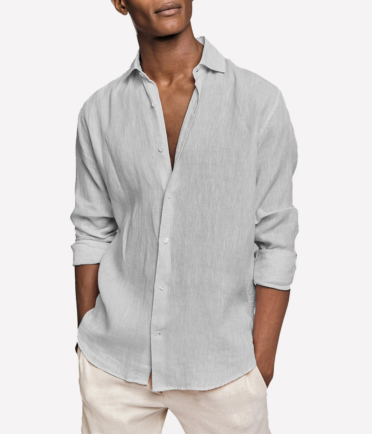 Front view of the Antonio Long Sleeve Linen Shirt by Frescobol Carioca, crafted from 100% fine Italian linen. This luxury men's dress shirt features a structured dress collar with stiffeners, imitation mother of pearl buttons, and a full placket. Designed in a regular fit, it blends relaxed tailoring with refined style for effortless occasion dressing.