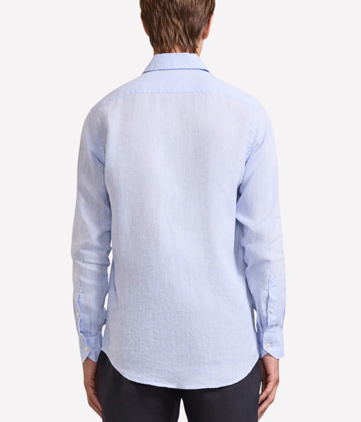 the Antonio Long Sleeve Linen Shirt by Frescobol Carioca, floating to emphasize its structured dress collar with stiffeners, imitation mother of pearl buttons, and full placket. The lightweight Italian linen construction ensures breathable comfort and elevated style for versatile occasion dressing.