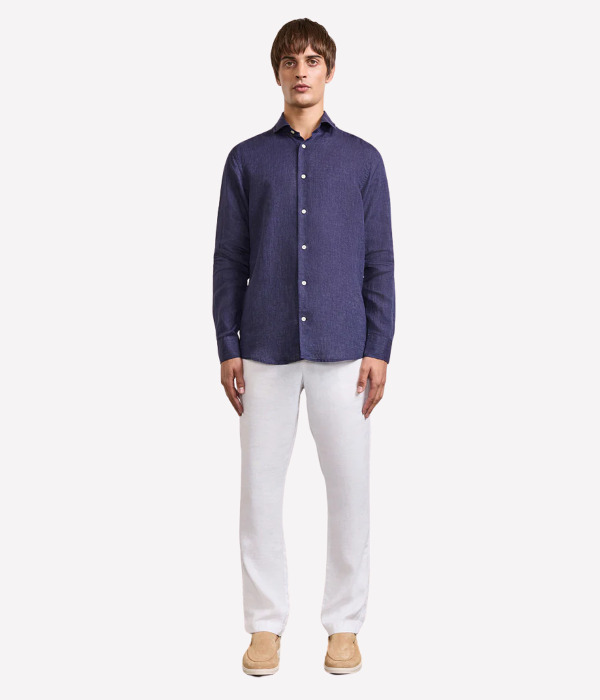 The Antonio Long Sleeve Linen Shirt by Frescobol Carioca, floating to emphasize its structured dress collar with stiffeners, imitation mother of pearl buttons, and full placket. The lightweight Italian linen construction ensures breathable comfort and elevated style for versatile occasion dressing.