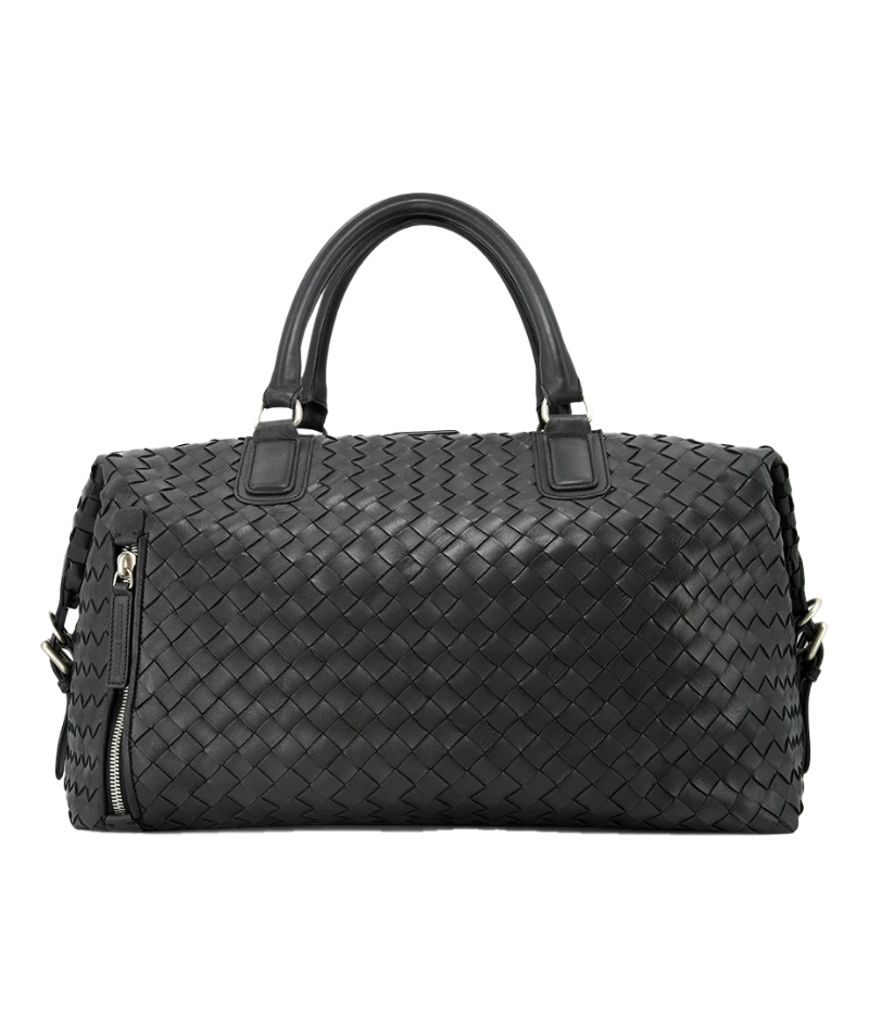 Leather Armor 019 Travel Bag with top handles, adjustable shoulder strap, side buckles, and side zipper pocket for travel essentials.