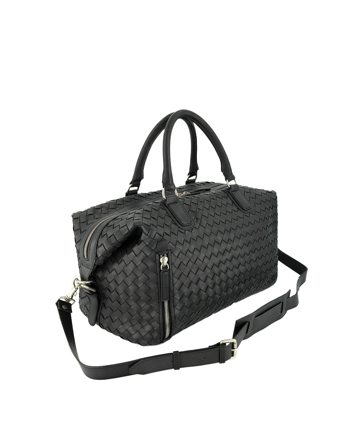 Leather Armor 019 Travel Bag with top handles, adjustable shoulder strap, side buckles, and side zipper pocket for travel essentials.