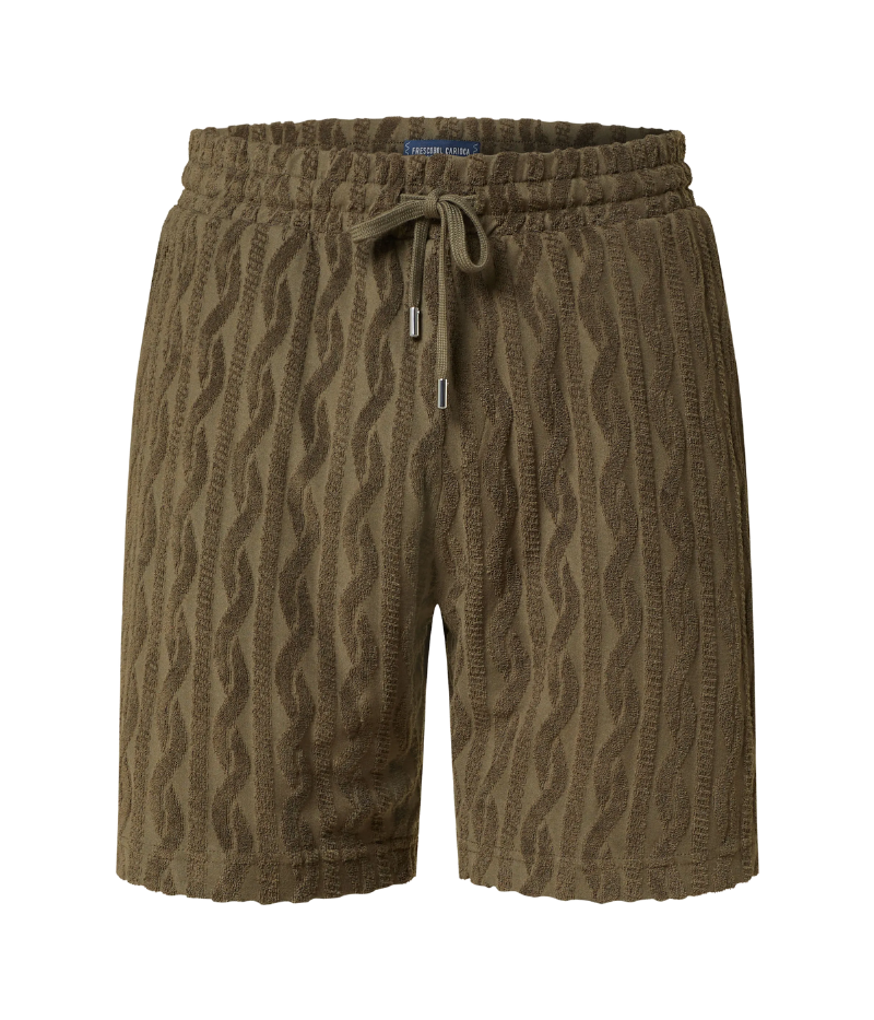 Men's Augusto Shorts by Frescobol Carioca in lightweight cotton with a relaxed fit, elasticated waist, zip-fly, side pockets, and back buttoned pocket.
