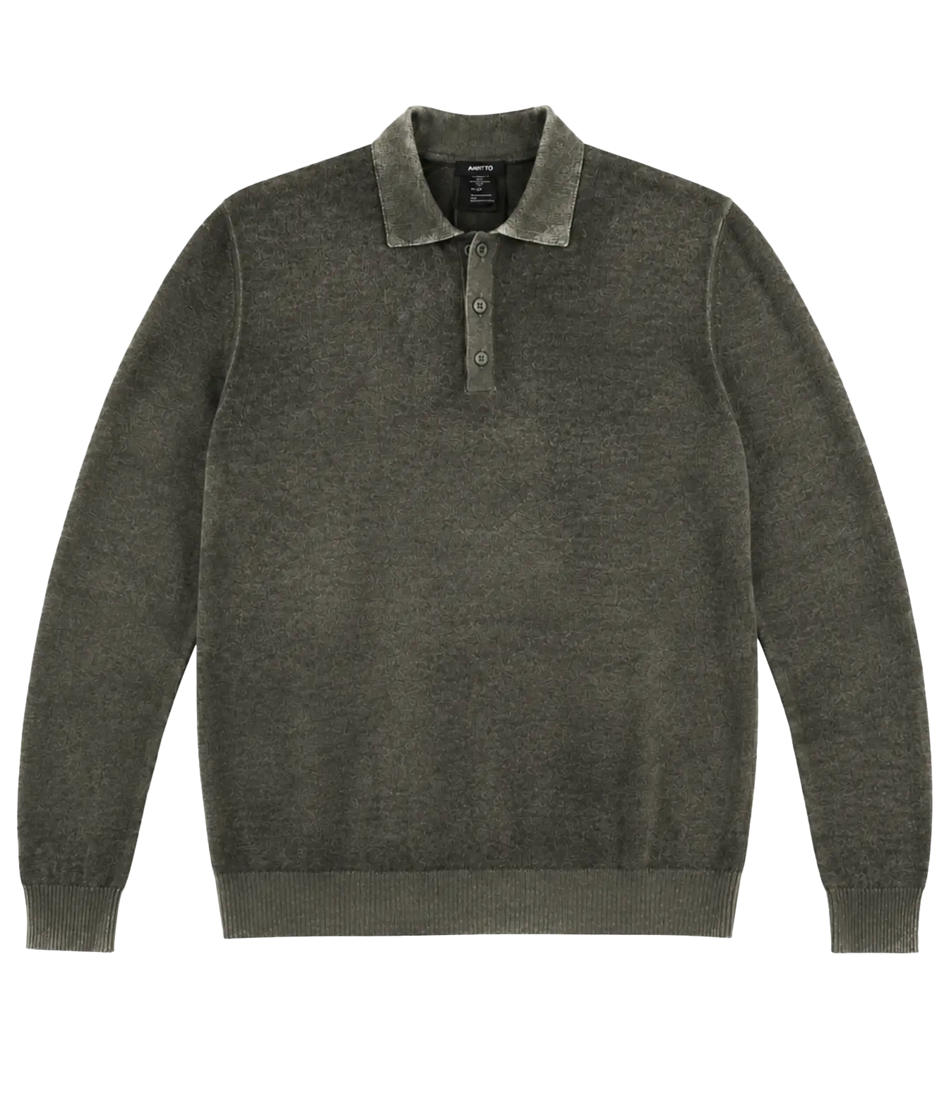 A dark olive green knit polo sweater with a corduroy collar and three-button placket, displayed flat against a solid white background.