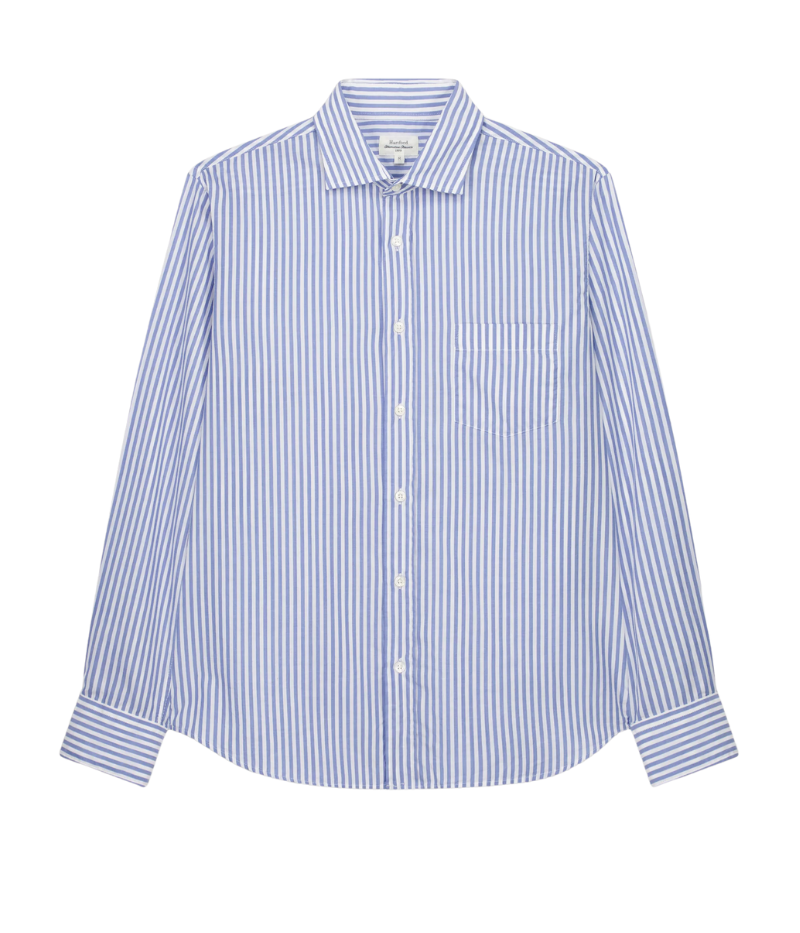 Men’s blue and white striped button-up shirt by Hartford, made from 100% cotton with a relaxed fit and classic collar. Perfect for smart-casual styling.
