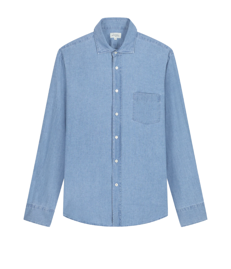 Hartford’s iconic Paul shirt in blue indigo gingham, made from a linen-cotton blend with a chest pocket and semi-Italian collar.