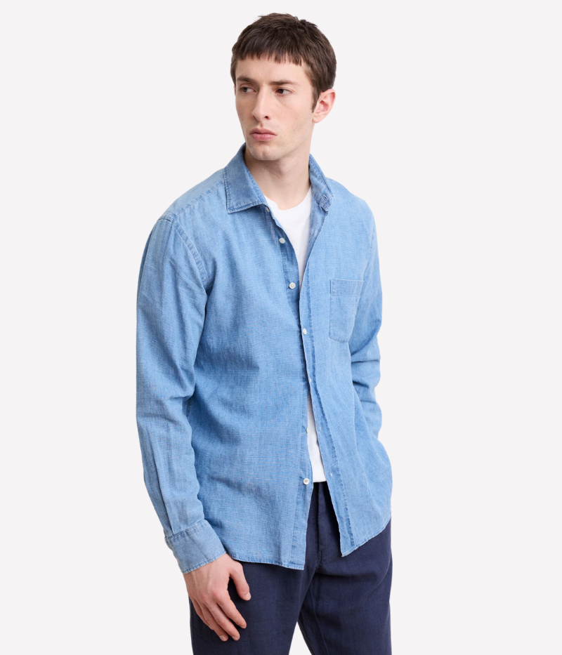 Hartford’s iconic Paul shirt in blue indigo gingham, made from a linen-cotton blend with a chest pocket and semi-Italian collar.