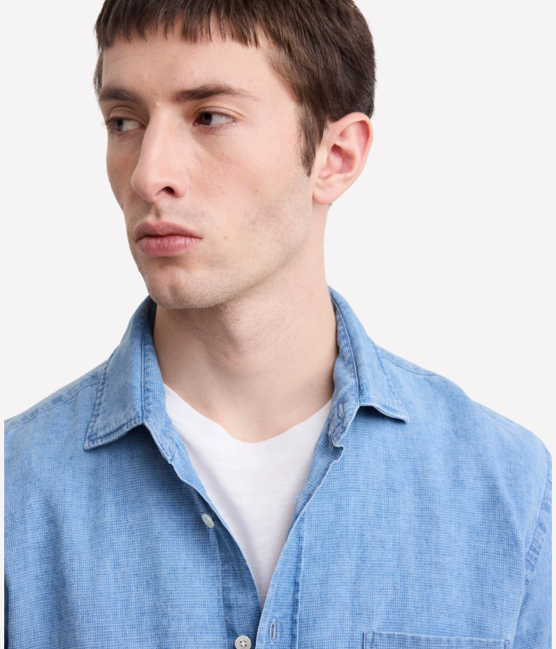 Hartford’s iconic Paul shirt in blue indigo gingham, made from a linen-cotton blend with a chest pocket and semi-Italian collar.