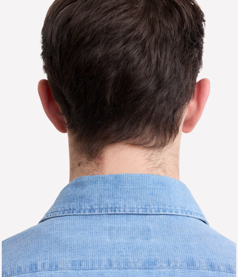 Hartford’s iconic Paul shirt in blue indigo gingham, made from a linen-cotton blend with a chest pocket and semi-Italian collar.