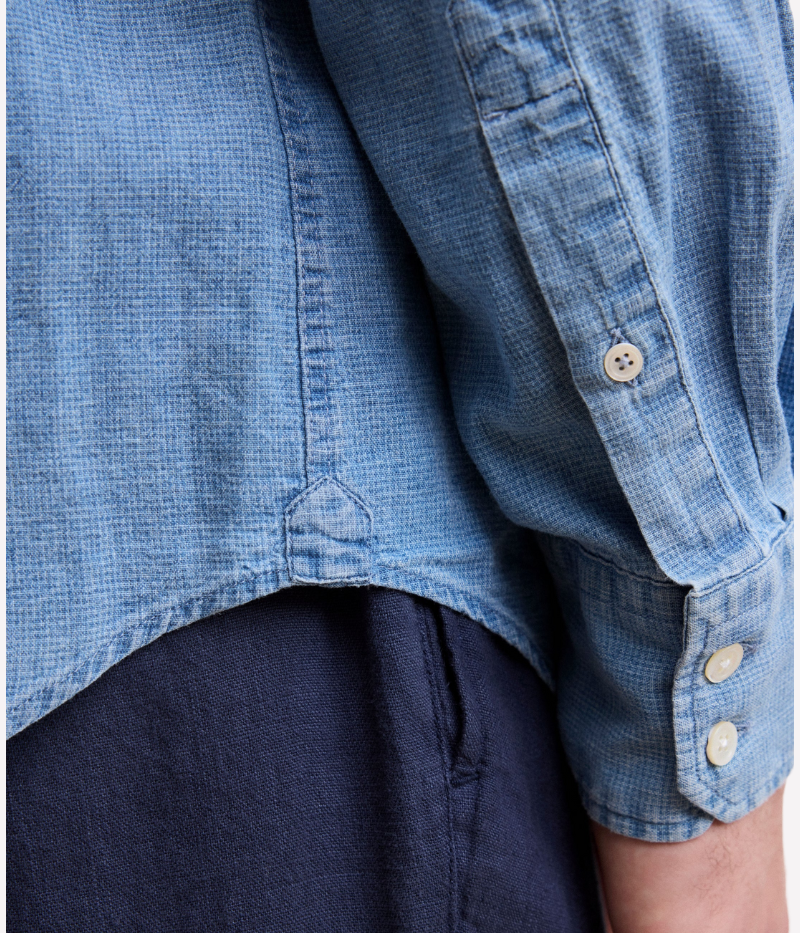 Hartford’s iconic Paul shirt in blue indigo gingham, made from a linen-cotton blend with a chest pocket and semi-Italian collar.