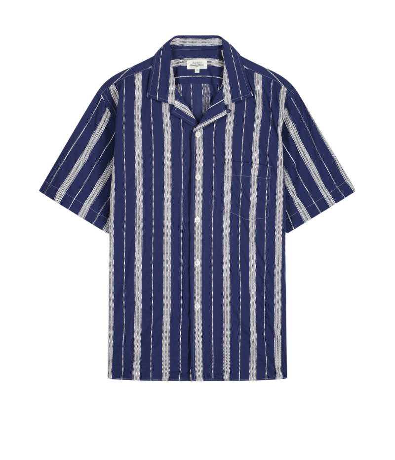 Hartford Palm shirt in navy striped cotton Dobby with camp collar, chest pocket, and textured summer-ready weave.