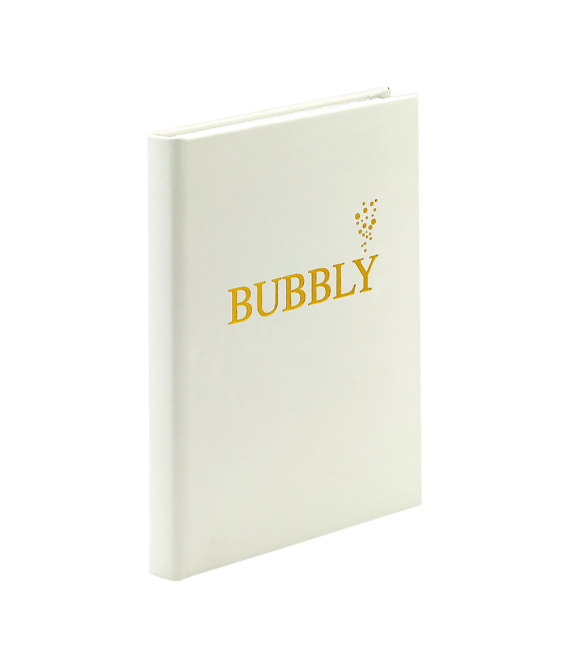 Luxury cocktail recipe book, gold foil hardcover with rounded corners, featuring 176 pages of champagne-based recipes, tips, and vibrant photography.