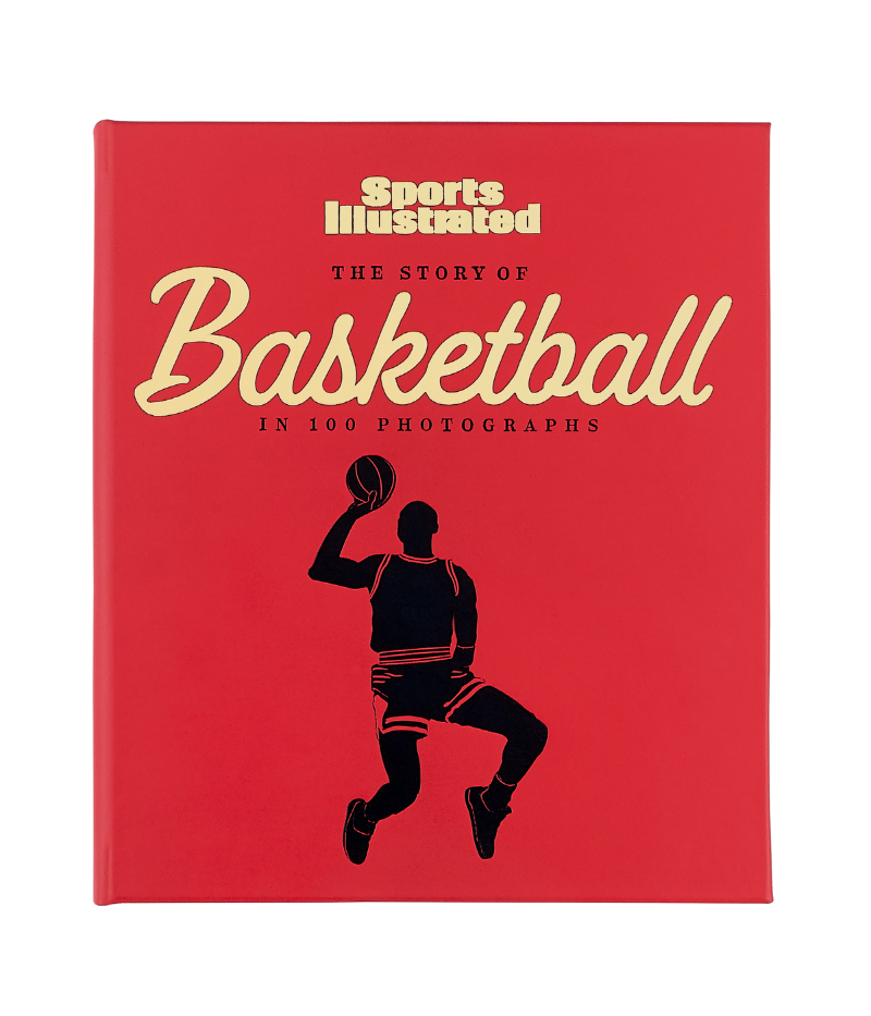 Luxury basketball history book, hand-bound in bonded leather, featuring 224 pages of iconic moments, stunning photography, and expert analysis.
