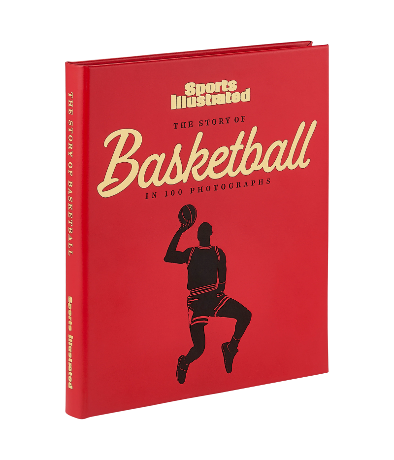 Luxury basketball history book, hand-bound in bonded leather, featuring 224 pages of iconic moments, stunning photography, and expert analysis.
