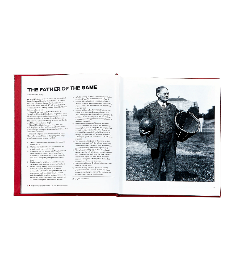 Luxury basketball history book, hand-bound in bonded leather, featuring 224 pages of iconic moments, stunning photography, and expert analysis.