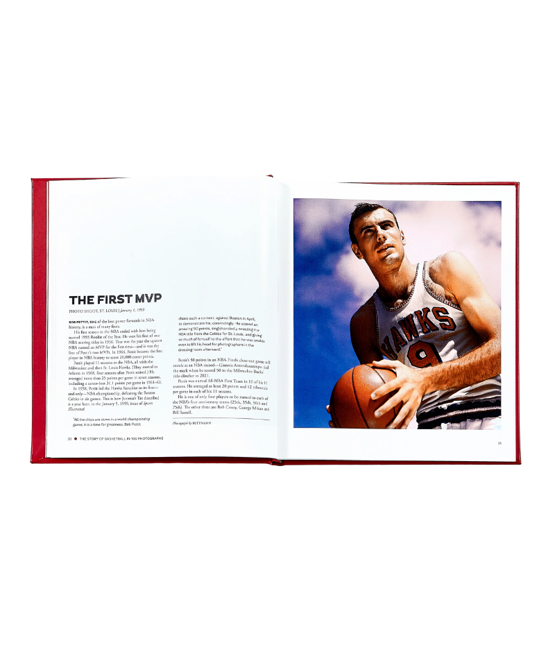 Luxury basketball history book, hand-bound in bonded leather, featuring 224 pages of iconic moments, stunning photography, and expert analysis.