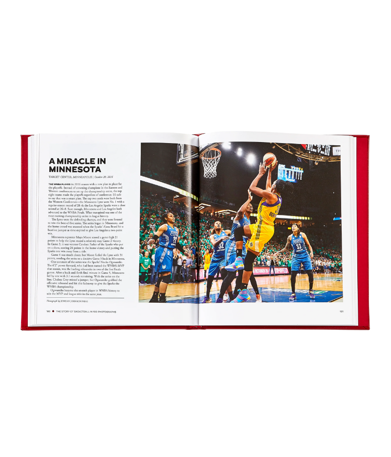 Luxury basketball history book, hand-bound in bonded leather, featuring 224 pages of iconic moments, stunning photography, and expert analysis.