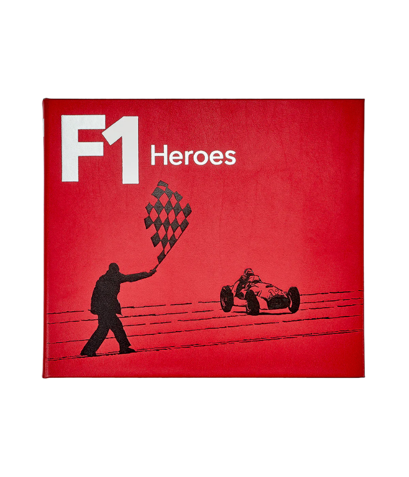 Luxury book on Formula One history, hand-bound in bonded leather, featuring 192 pages of iconic drivers, legendary cars, and thrilling races.