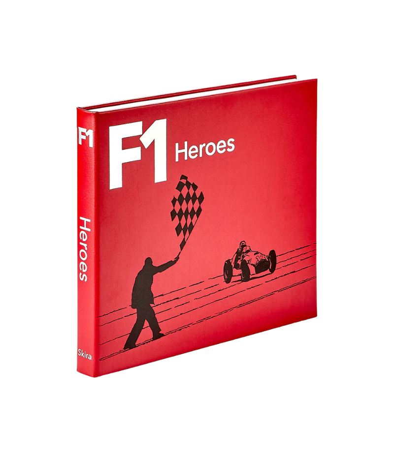 Luxury book on Formula One history, hand-bound in bonded leather, featuring 192 pages of iconic drivers, legendary cars, and thrilling races.