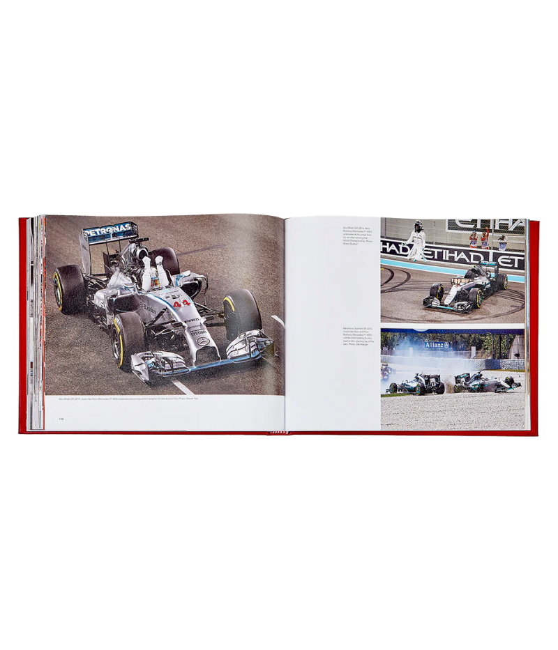 Luxury book on Formula One history, hand-bound in bonded leather, featuring 192 pages of iconic drivers, legendary cars, and thrilling races.