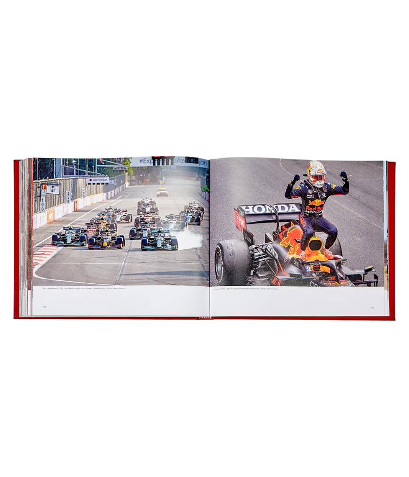 Luxury book on Formula One history, hand-bound in bonded leather, featuring 192 pages of iconic drivers, legendary cars, and thrilling races.