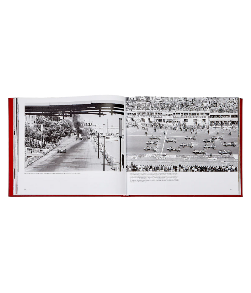 Luxury book on Formula One history, hand-bound in bonded leather, featuring 192 pages of iconic drivers, legendary cars, and thrilling races.