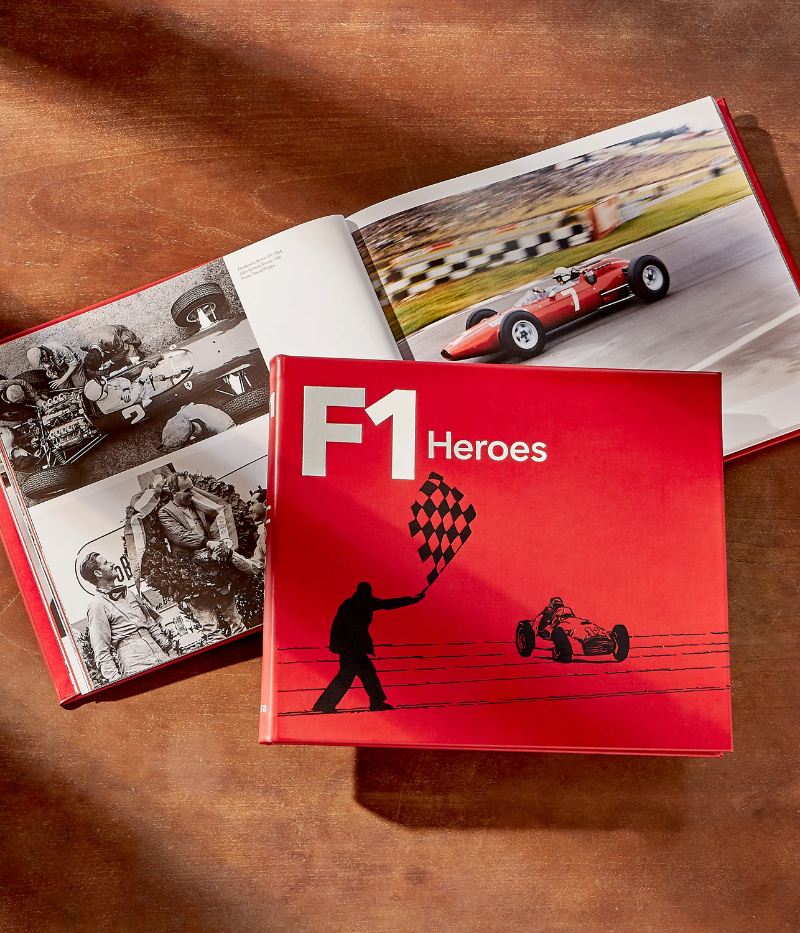 Luxury book on Formula One history, hand-bound in bonded leather, featuring 192 pages of iconic drivers, legendary cars, and thrilling races.