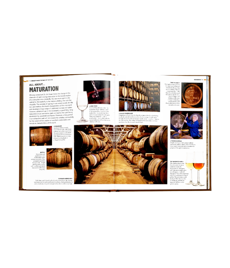 Luxury whiskey guide, hand-bound in bonded leather, featuring 352 pages on 700+ whiskey varieties, award-winners, and global distilleries.