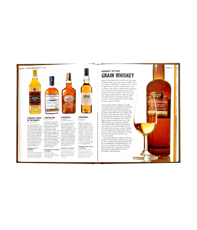 Luxury whiskey guide, hand-bound in bonded leather, featuring 352 pages on 700+ whiskey varieties, award-winners, and global distilleries.