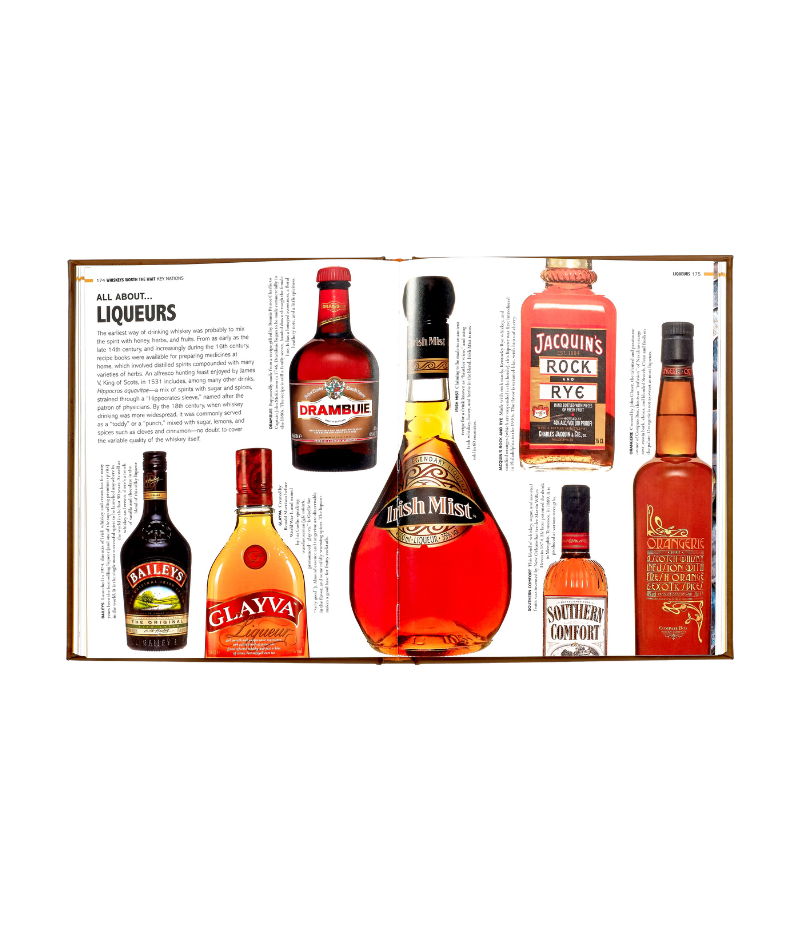 Luxury whiskey guide, hand-bound in bonded leather, featuring 352 pages on 700+ whiskey varieties, award-winners, and global distilleries.