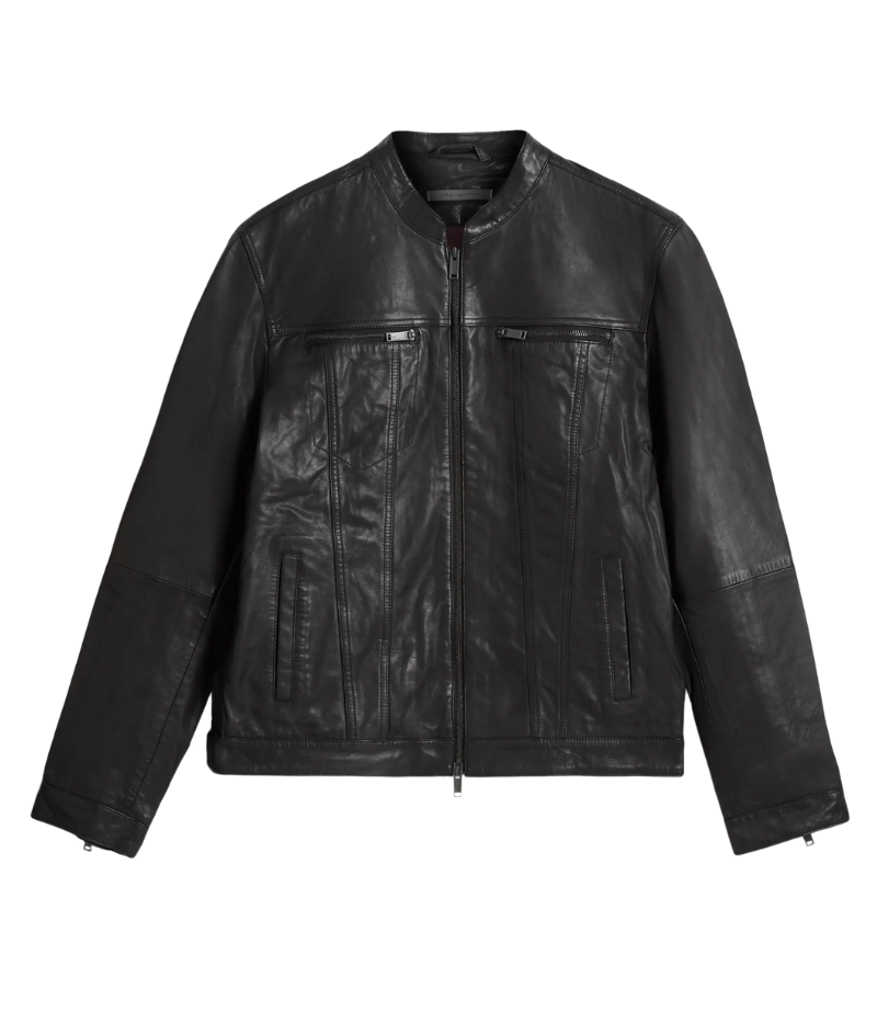 John Varvatos sheepskin leather jacket with a denim silhouette, featuring zipped chest pockets, dual zip front closure, and a fully lined interior.