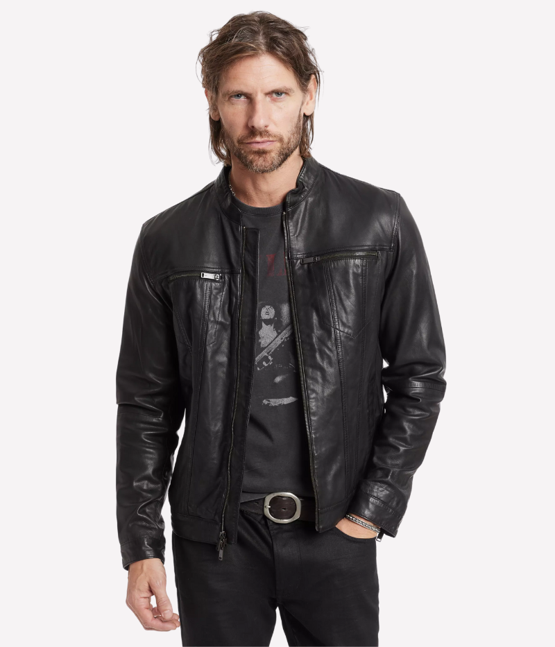 John Varvatos sheepskin leather jacket with a denim silhouette, featuring zipped chest pockets, dual zip front closure, and a fully lined interior.
