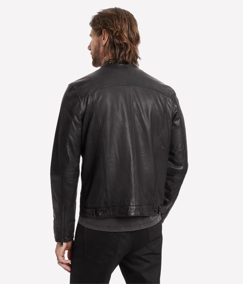 John Varvatos sheepskin leather jacket with a denim silhouette, featuring zipped chest pockets, dual zip front closure, and a fully lined interior.