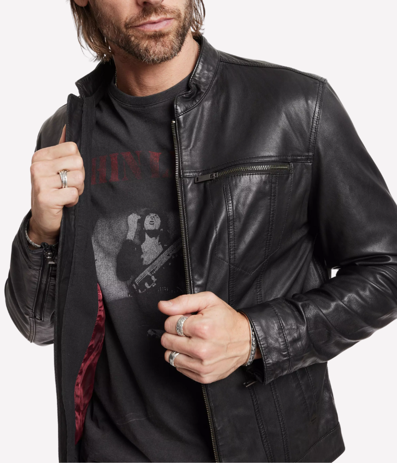 John Varvatos sheepskin leather jacket with a denim silhouette, featuring zipped chest pockets, dual zip front closure, and a fully lined interior.