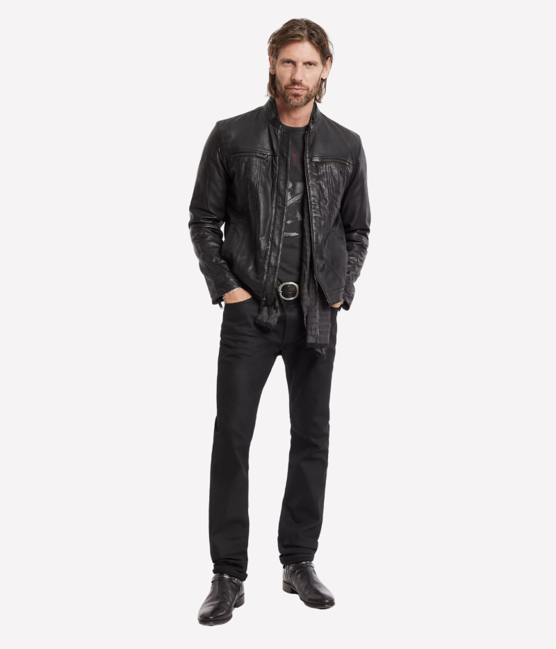 John Varvatos sheepskin leather jacket with a denim silhouette, featuring zipped chest pockets, dual zip front closure, and a fully lined interior.