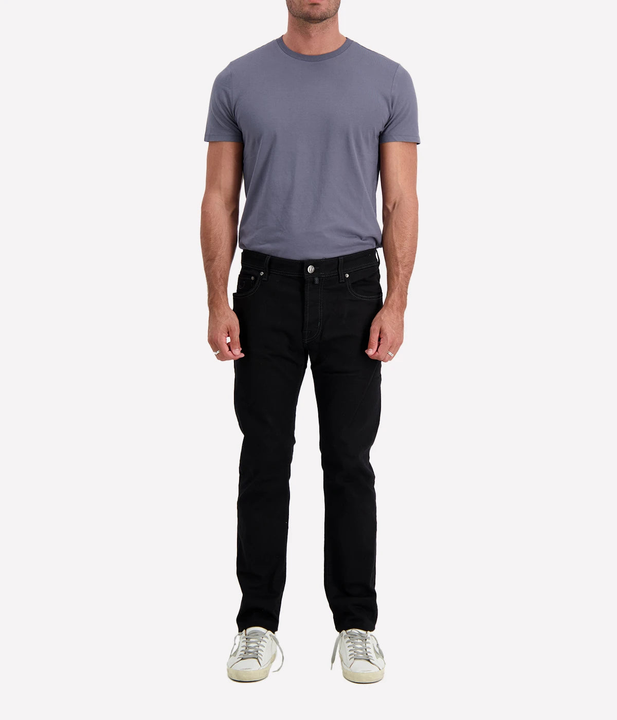 Jacob Cohen Bard 5-pocket jeans in navy blue wash, featuring a mid-rise, slim fit, and crafted from premium stretch denim. Finished with branded hardware and an iconic suede patch, blending luxury and versatility.