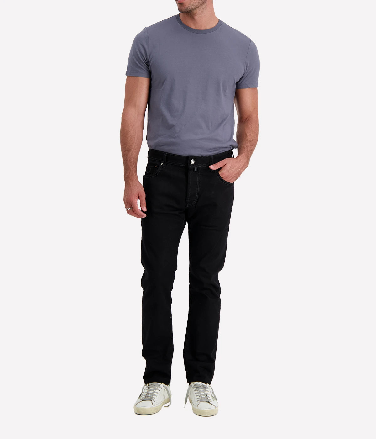 Jacob Cohen Bard 5-pocket jeans in navy blue wash, featuring a mid-rise, slim fit, and crafted from premium stretch denim. Finished with branded hardware and an iconic suede patch, blending luxury and versatility.