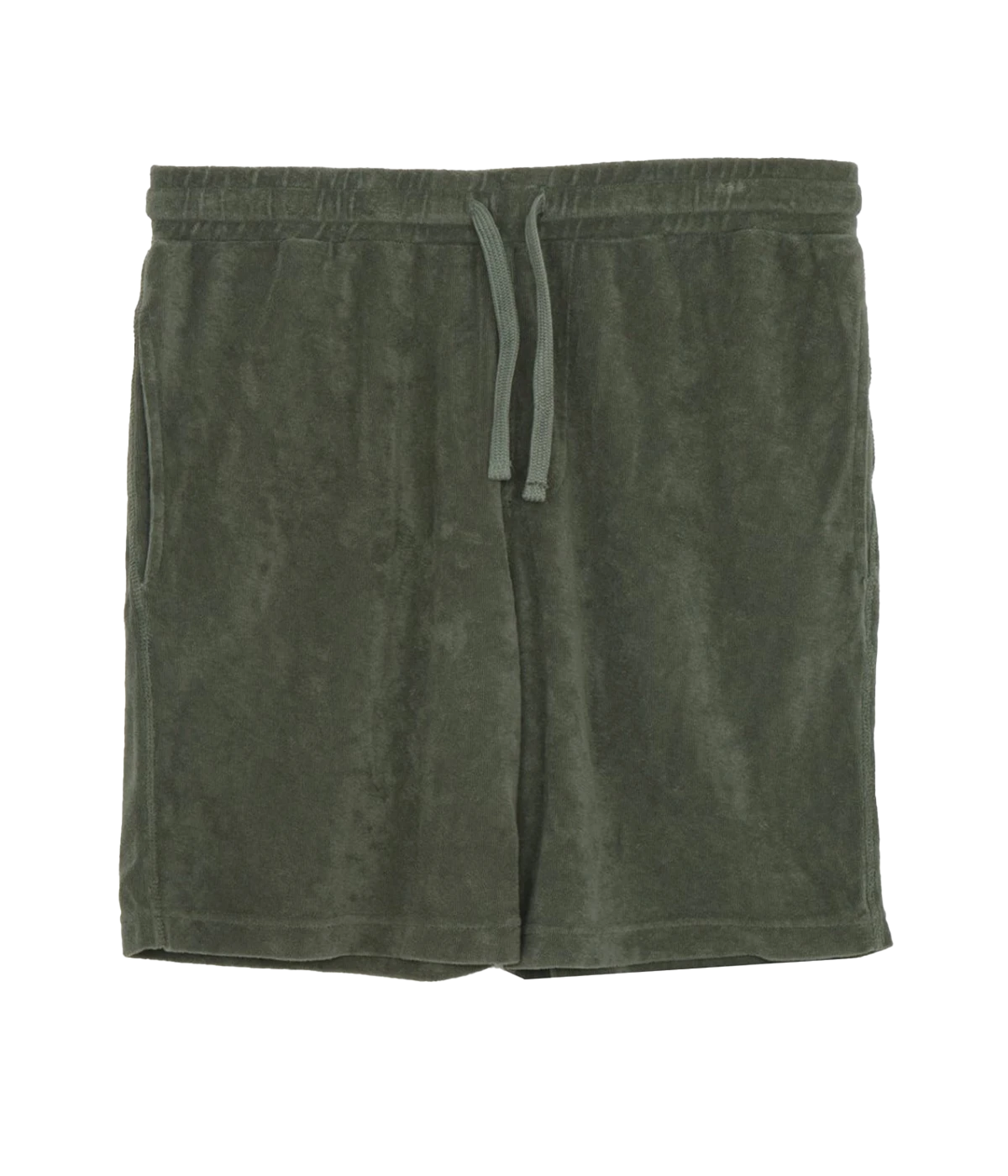 Military green Bouclette Bermuda shorts made from soft cotton terry towelling, featuring a drawstring waist and side pockets for casual comfort