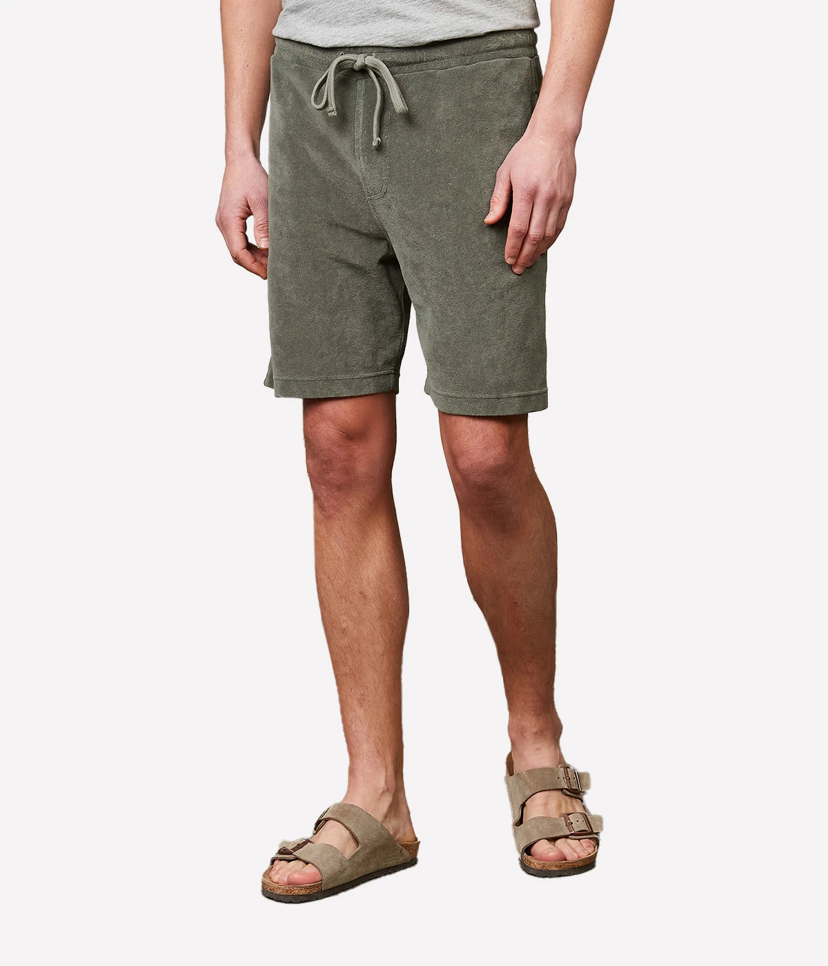 Military green Bouclette Bermuda shorts made from soft cotton terry towelling, featuring a drawstring waist and side pockets for casual comfort