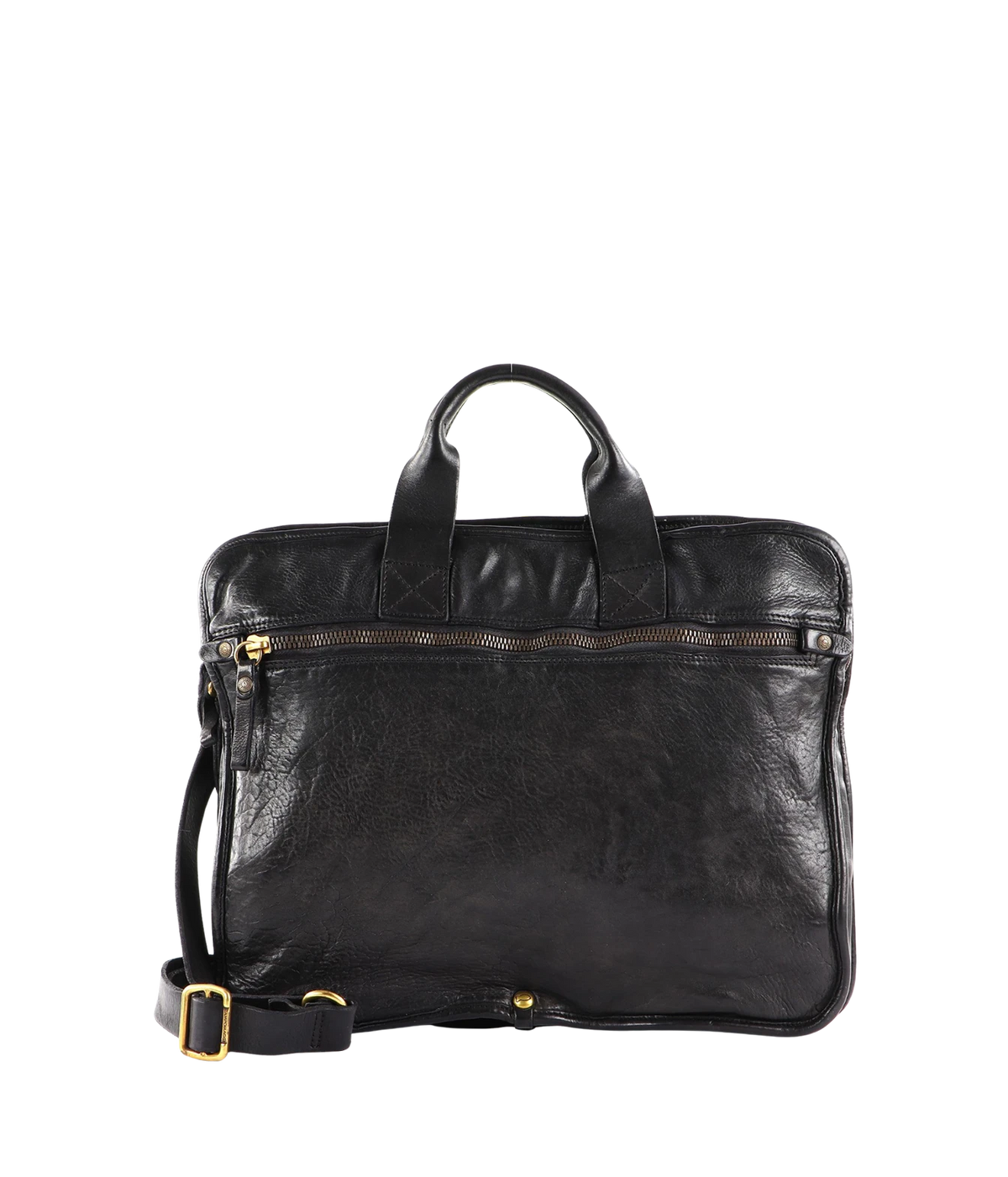 Front view of Campomaggi Briefcase in Black showing the top handles, front zip pocket and leather shoulder strap
