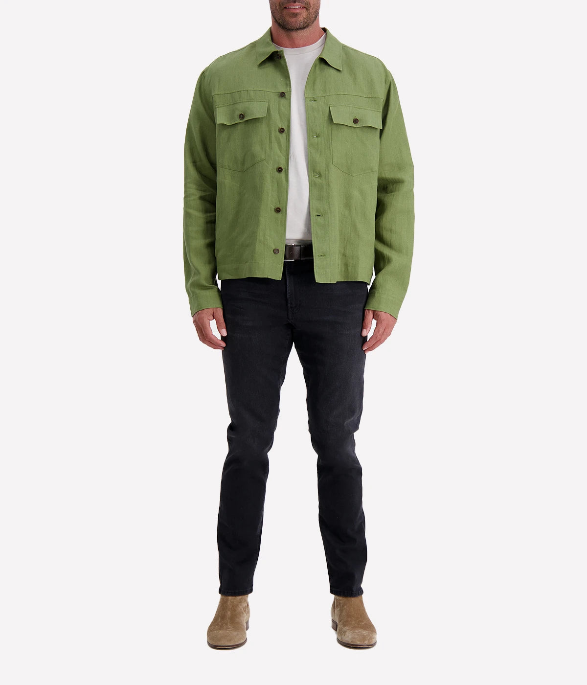 Valstar's linen overshirt with adjustable waist tabs, combining rugged trucker jacket style with a lightweight, breathable design. Perfect for warmer days.